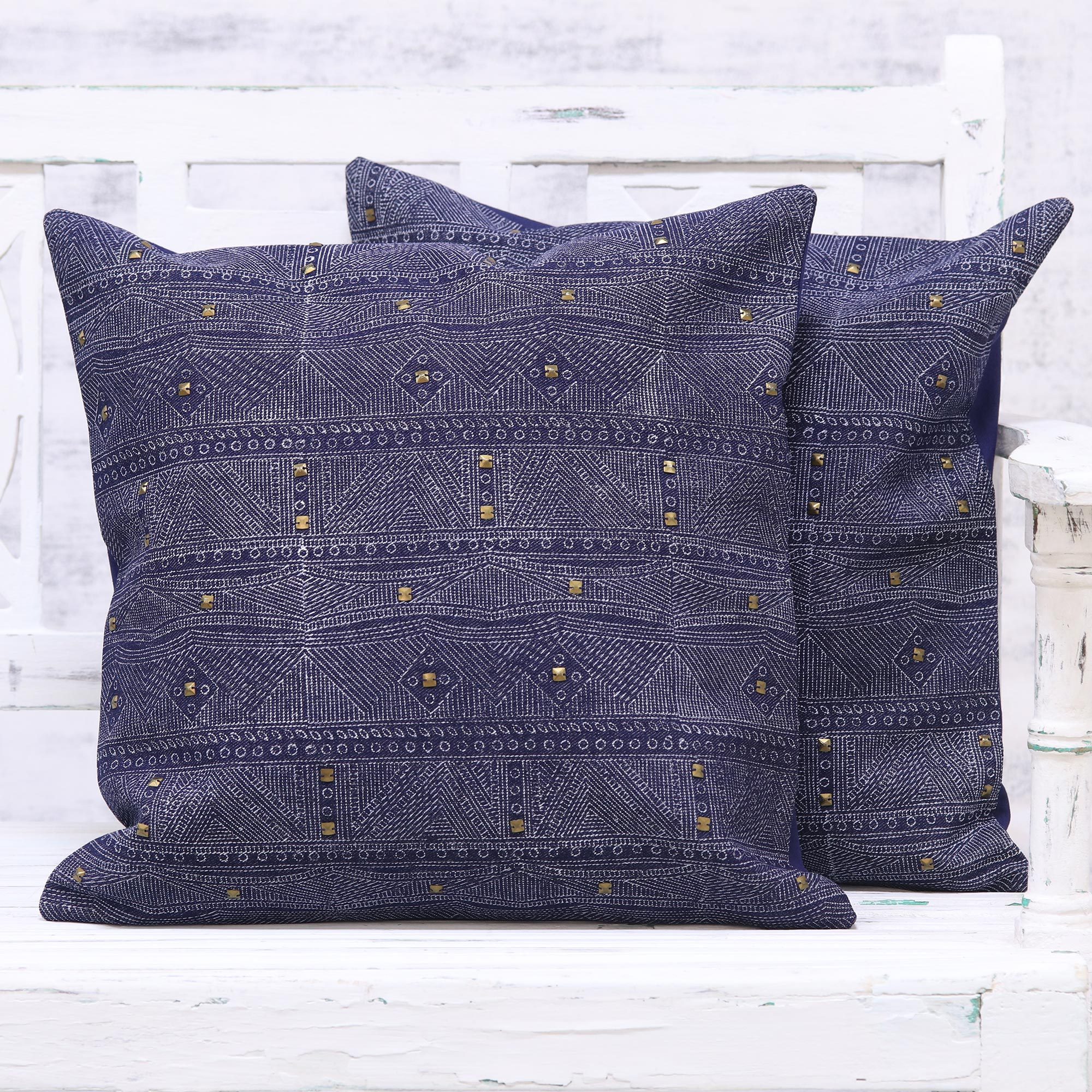 Two Block Printed Cotton Denim Cushion Covers from India Alluring