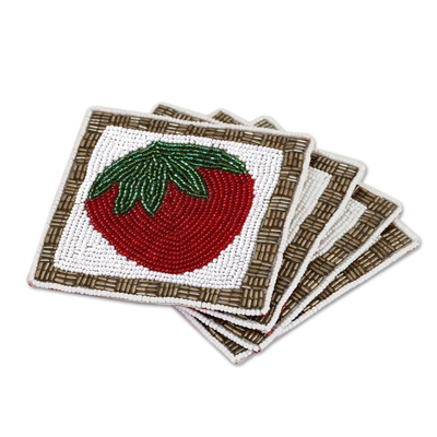 Set of Four Glass Beaded Strawberry Coasters from India