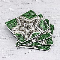 Glass beaded coasters, 'Dazzling Star' (set of 4) - Glass Beaded Coasters with Star Motif (Set of 4)