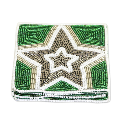 Glass beaded coasters, 'Dazzling Star' (set of 4) - Glass Beaded Coasters with Star Motif (Set of 4)