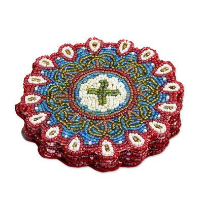 Glass beaded coasters, 'Floral Brilliance' (set of 4) - Set of Four Glass Beaded Coasters from India