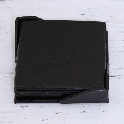 Leather coasters, 'Square Intrigue' (set of 4) - Black Square Leather Coasters from India (Set of 4)