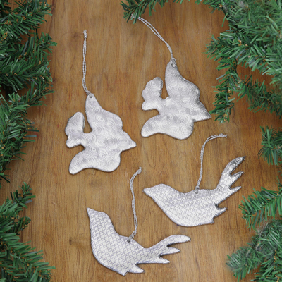 Faux leather ornaments, 'Be Free' (set of 4) - Set of 4 Silver Faux Leather Embossed Ornaments
