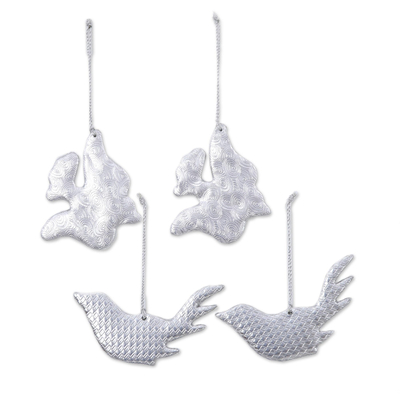 Faux leather ornaments, 'Be Free' (set of 4) - Set of 4 Silver Faux Leather Embossed Ornaments
