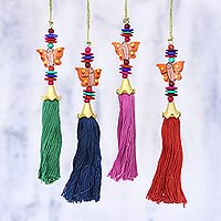 Wood and cotton holiday ornaments, 'Butterfly Fantasy' (set of 4) - Wood Butterfly and Tassel Holiday Ornaments (Set of 4)