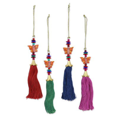 Wood and cotton holiday ornaments, 'Butterfly Fantasy' (set of 4) - Wood Butterfly and Tassel Holiday Ornaments (Set of 4)