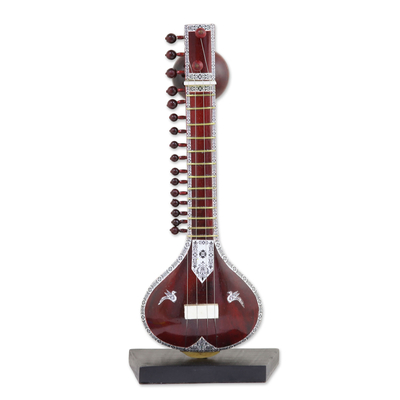 Decorative miniature wood sitar, 'Four String Beauty' - Miniature Assorted Wood Sitar Instrument with Wood Base