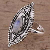 Rainbow moonstone cocktail ring, 'Timeless Glow' - Sterling Silver Marquise Rainbow Moonstone Cocktail Ring