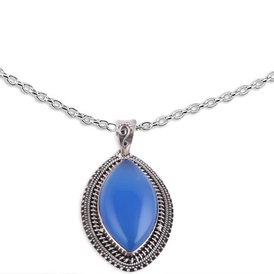 Chalcedony pendant necklace, 'Pool of Tranquility' - Indian Blue Chalcedony and Sterling Silver Pendant Necklace