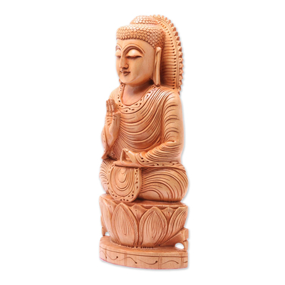 Wood statuette, 'Benevolent Buddha' - Hand Carved Kadam Wood Meditating Buddha Statuette