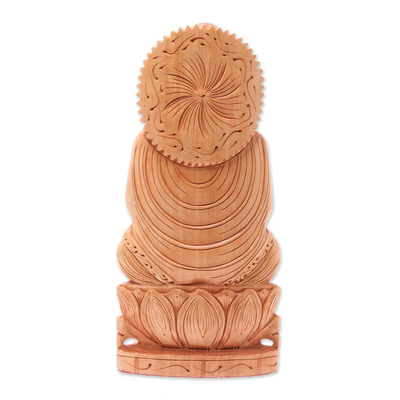 Wood statuette, 'Benevolent Buddha' - Hand Carved Kadam Wood Meditating Buddha Statuette