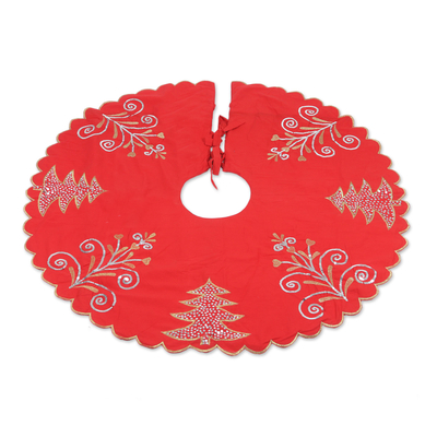 Embroidered Cotton Tree Skirt in Poppy from India
