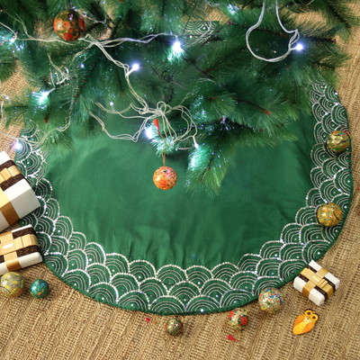 Embellished tree skirt, 'Christmas Glamour' - Embroidered Satin Tree Skirt in Emerald from India