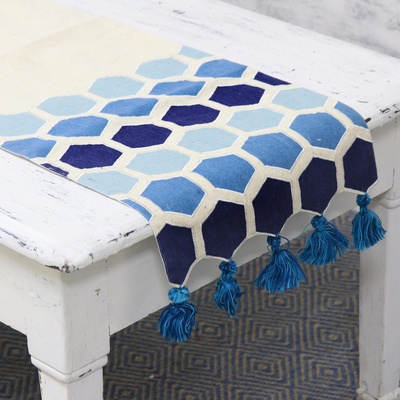 Cotton table runner, 'Blue Fusion' - 100% Cotton White and Blue Octagon Table Runner with Tassel