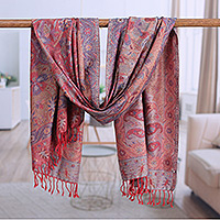 Jacquard shawl, 'Paisley Grandeur' - Viscose Blend Floral and Paisley Shawl from India