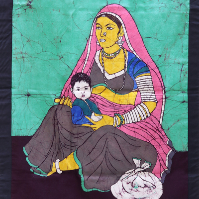 Colgante de pared de batik de algodón - Batik de algodón hecho a mano de amor entre madre e hijo