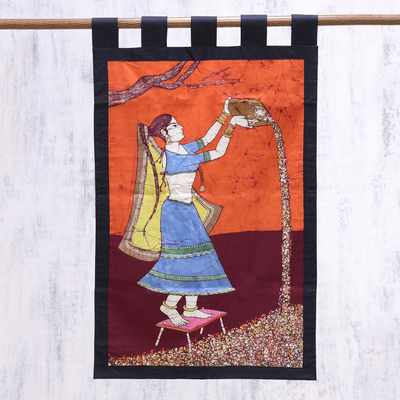 Colgante de pared batik de algodón - Tapiz de pared de algodón batik de mujer agrícola de la India