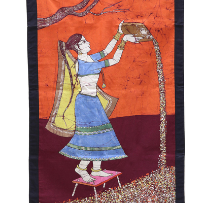 Cotton batik wall hanging, 'Rural Chores' - Batik Cotton Wall Hanging of Agricultural Woman from India