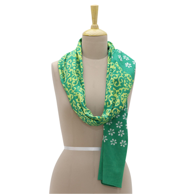 Cotton batik scarf, 'Floret' - Floral Hand Printed Batik Scarf in Green from India