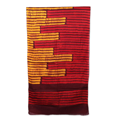Cotton batik scarf, 'Maroon Queen' - Red and Orange Striped Crackle Batik 100% Cotton Scarf