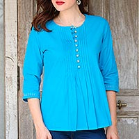Cotton tunic, 'Elegant Cyan' - Cyan Blue 100% Cotton Embroidered Front Button Tunic