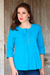Cotton tunic, 'Elegant Cyan' - Cyan Blue 100% Cotton Embroidered Front Button Tunic thumbail