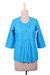 Cotton tunic, 'Elegant Cyan' - Cyan Blue 100% Cotton Embroidered Front Button Tunic
