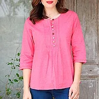 Cotton tunic, 'Elegant Rose' - Rose Pink 100% Cotton Embroidered Front Button Tunic