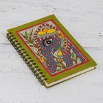 Handmade paper journal, 'Exuberant Elephant' - Hand Crafted Madhubani Style Painted Journal