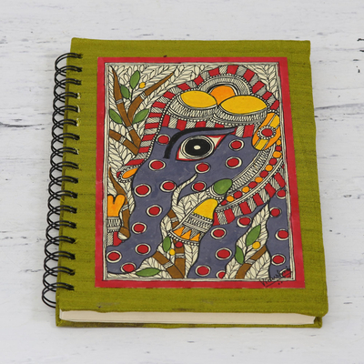 Handmade paper journal, 'Exuberant Elephant' - Hand Crafted Madhubani Style Painted Journal