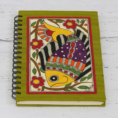 Handmade paper journal, 'Dreamy Fish' - Handmade Paper Fish Journal with a Metal Spiral Binding