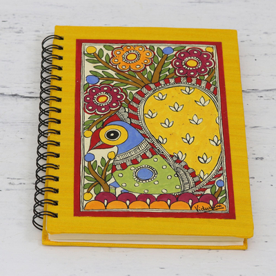 Handmade paper journal, 'Swaying Peacock' - Handmade Paper Spiral Bound Peacock Journal from India