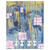 'Blue Forest' - Pintura de estilo libre abstracta firmada de la India