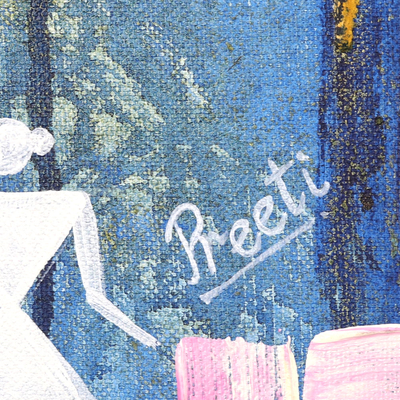 'Blue Forest' - Pintura abstracta de estilo libre firmada de la India
