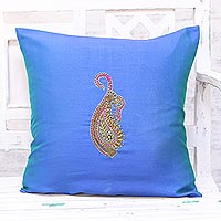 Embroidered cushion cover, 'Paisley Perfection in Blue' - Hand Embroidered Blue Paisley Motif Cushion Cover from India