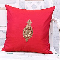 Embroidered cushion cover, 'Golden Beauty in Red' - Hand Embroidered Red Cushion Cover from India