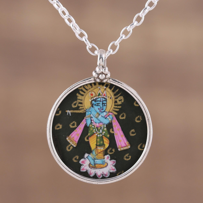 Halskette mit Anhänger aus Sterlingsilber, „Lord Krishna“ – Handgefertigte Halskette mit Krishna-Anhänger aus Sterlingsilber aus Indien