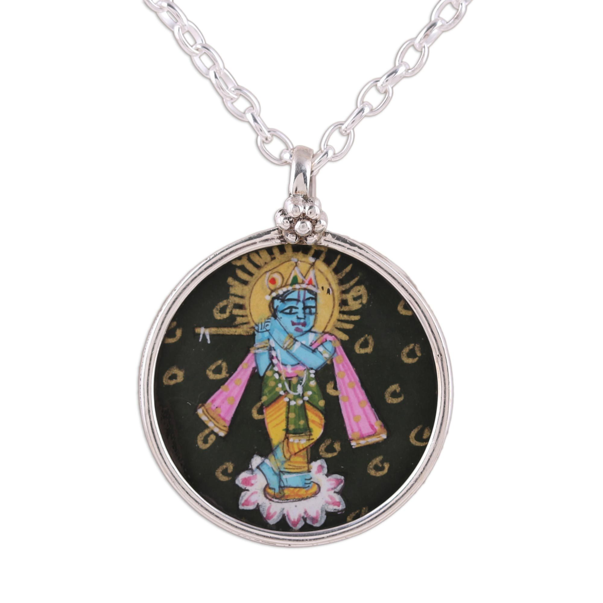 Handmade Krishna Sterling Silver Pendant Necklace from India Lord