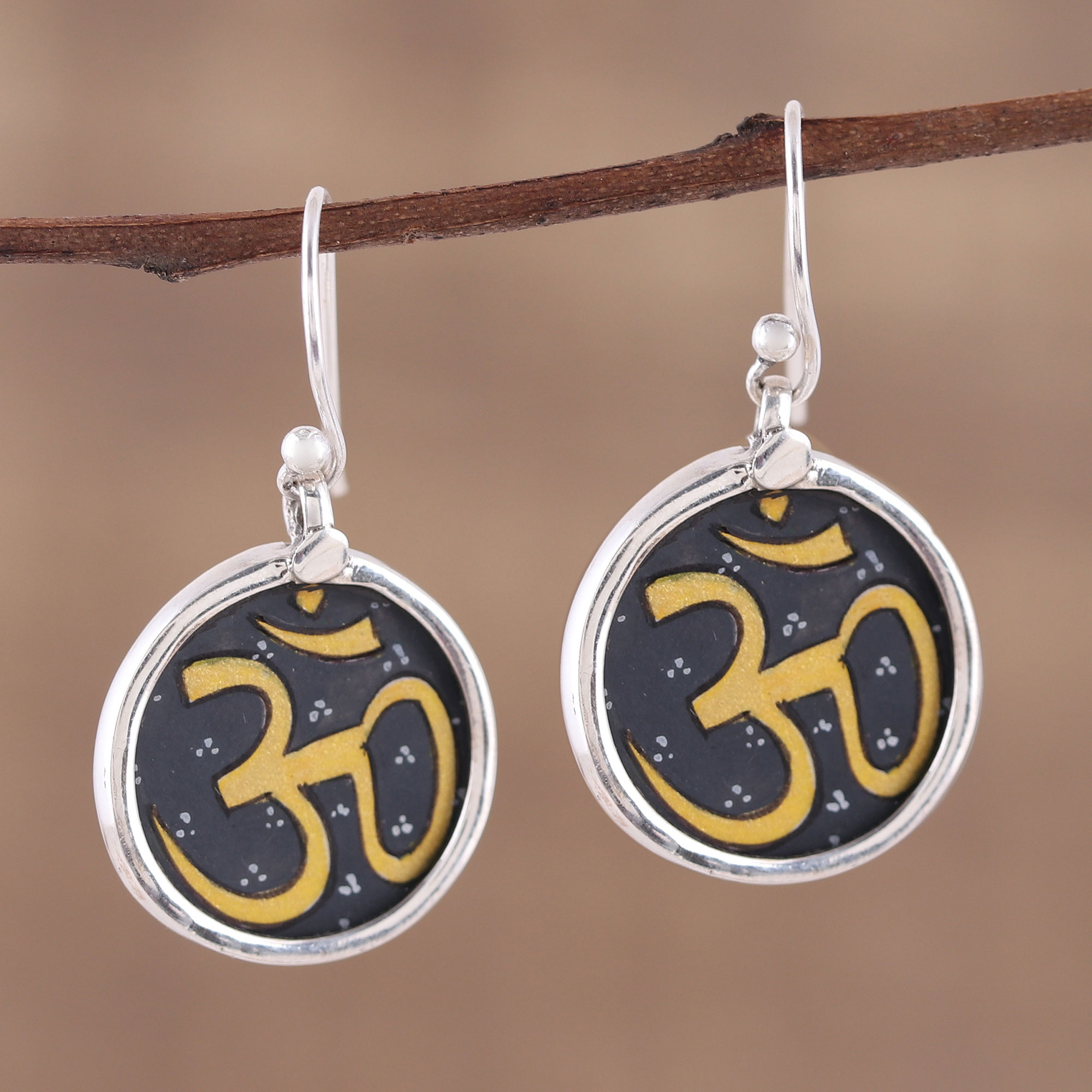 Handmade Indian Om Mantra Sterling Silver Earrings Sanskrit Mantra