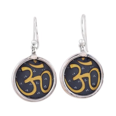 Sterling silver dangle earrings, 'Sanskrit Mantra' - Handmade Indian Om Mantra Sterling Silver Earrings