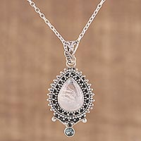 Rainbow moonstone and blue topaz pendant necklace, 'Tranquil Beauty' - Handcrafted Rainbow Moonstone Pendant Necklace from India