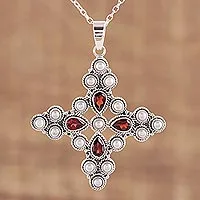 Garnet and cultured pearl pendant necklace, 'Royal Cross' - Garnet and Cultured Pearl Pendant Necklace from India