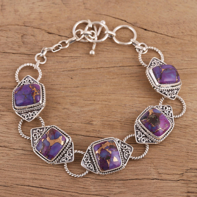 Sterling silver link bracelet, 'Exotic Delight in Purple' - Sterling Silver and Composite Turquoise Link Bracelet