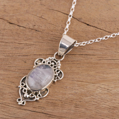 Rainbow moonstone pendant necklace, 'Gleam of Hope' - Rainbow Moonstone and Sterling Silver Pendant Necklace