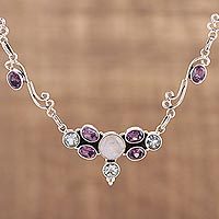 Multi-gemstone pendant necklace, 'Sparkling Symphony' - Multi Gemstone Sterling Silver Pendant Necklace from India