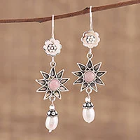 Opal and cultured pearl dangle earrings, 'Blissful and Bright' - Pink Opal and Cultured Pearl Dangle Earrings from India