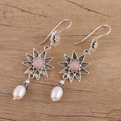 Opal and cultured pearl dangle earrings, 'Blissful and Bright' - Pink Opal and Cultured Pearl Dangle Earrings from India