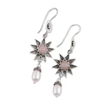 Opal and cultured pearl dangle earrings, 'Blissful and Bright' - Pink Opal and Cultured Pearl Dangle Earrings from India