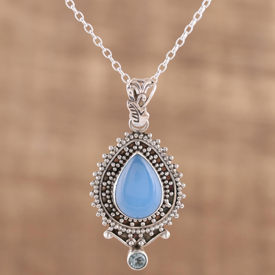 Chalcedony and blue topaz pendant necklace, 'Soul's Serenity' - Handcrafted Blue Chalcedony Pendant Necklace from India