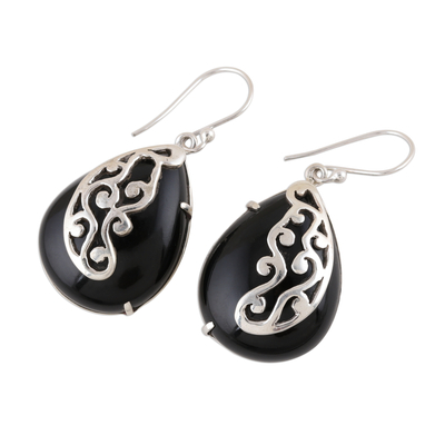 Onyx dangle earrings, 'Mystical Dangle' - Artisan Handmade Black Onyx 925 Sterling Silver Earrings